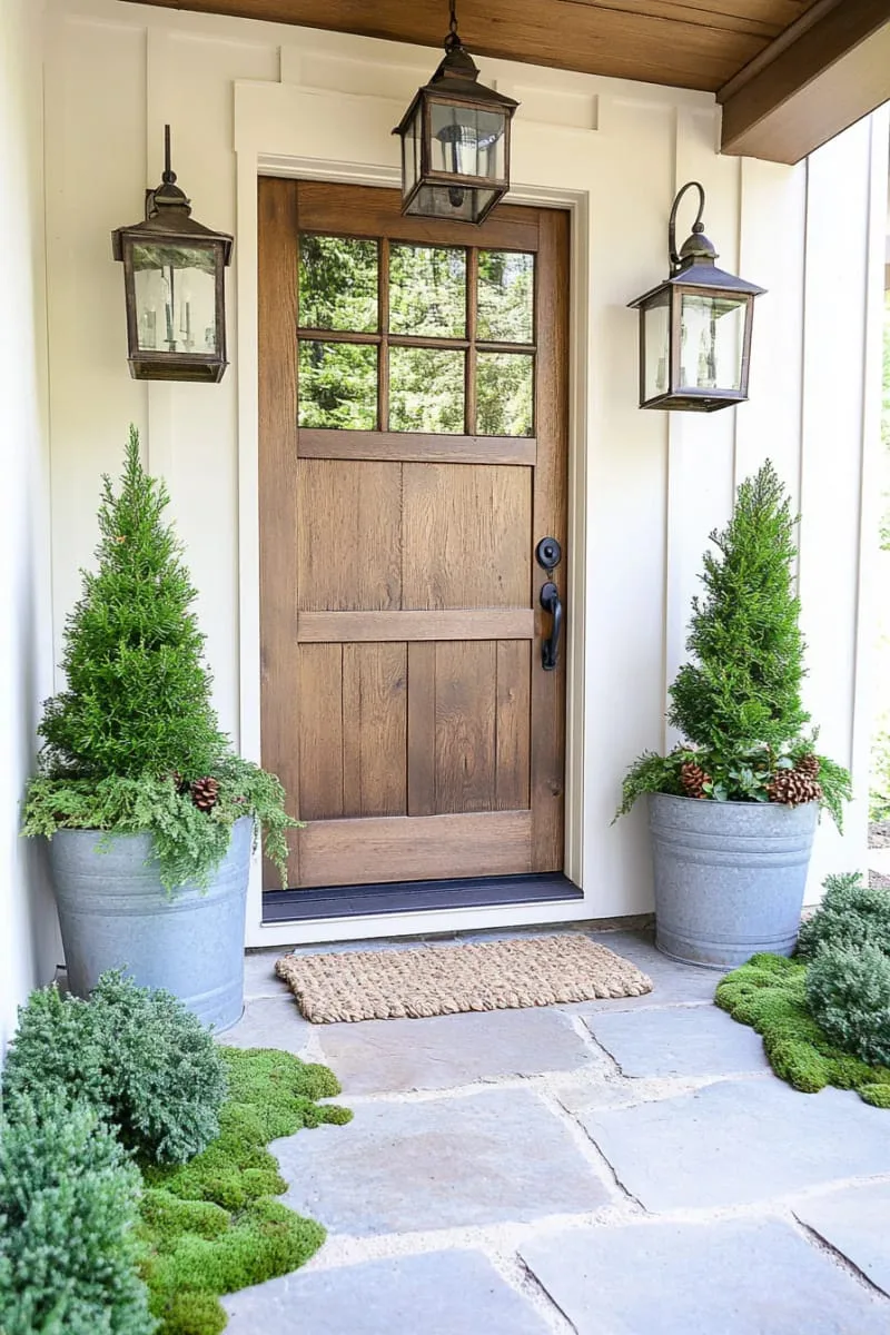 outdoor entryway flanked by miniature pine trees in galvanized buckets 1