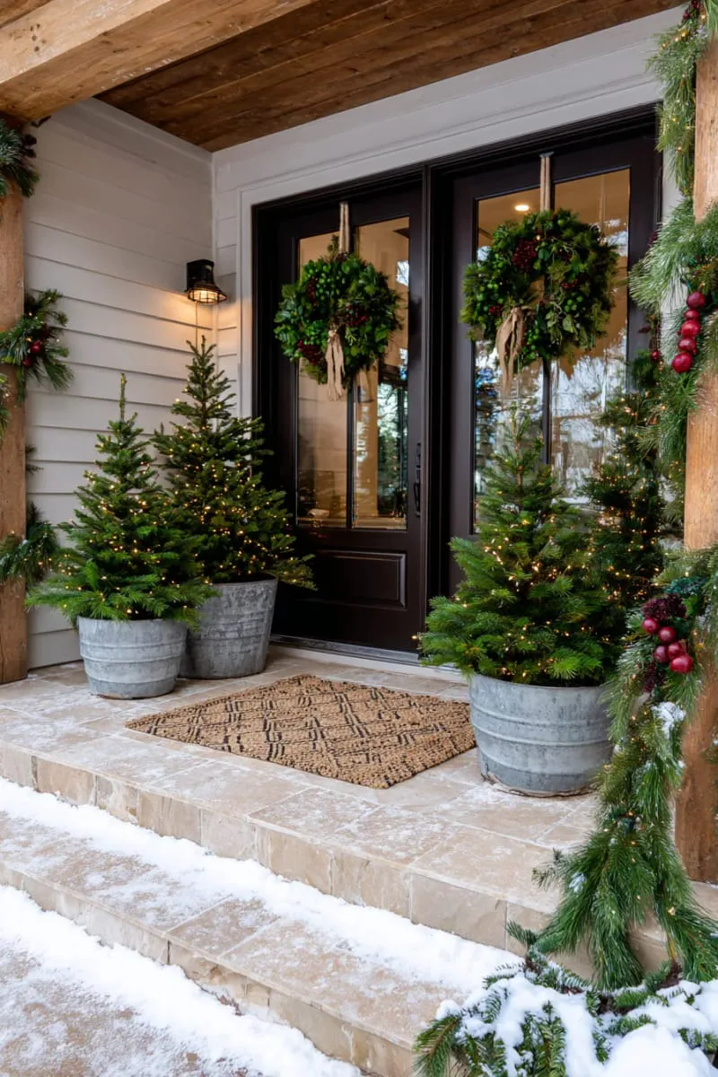 outdoor entryway flanked by miniature pine trees in galvanized buckets 1