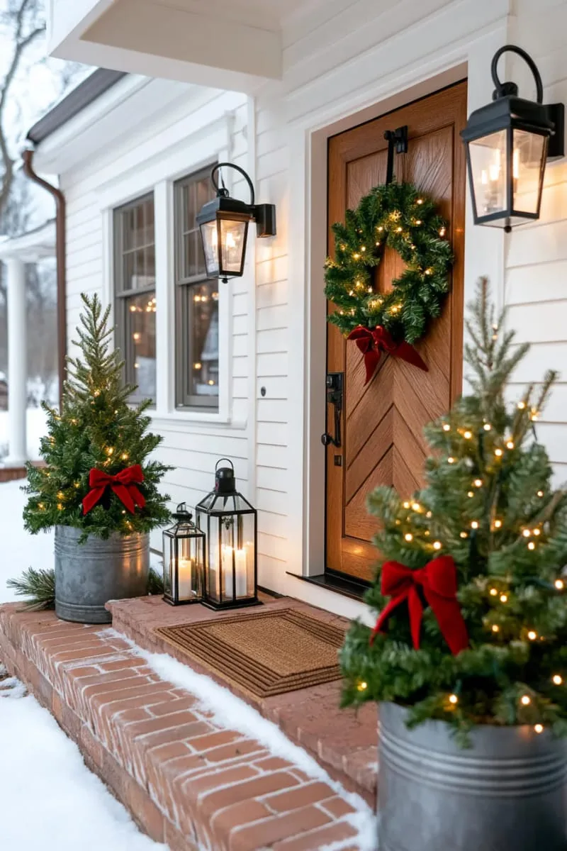 outdoor entryway flanked by miniature pine trees in galvanized buckets 1