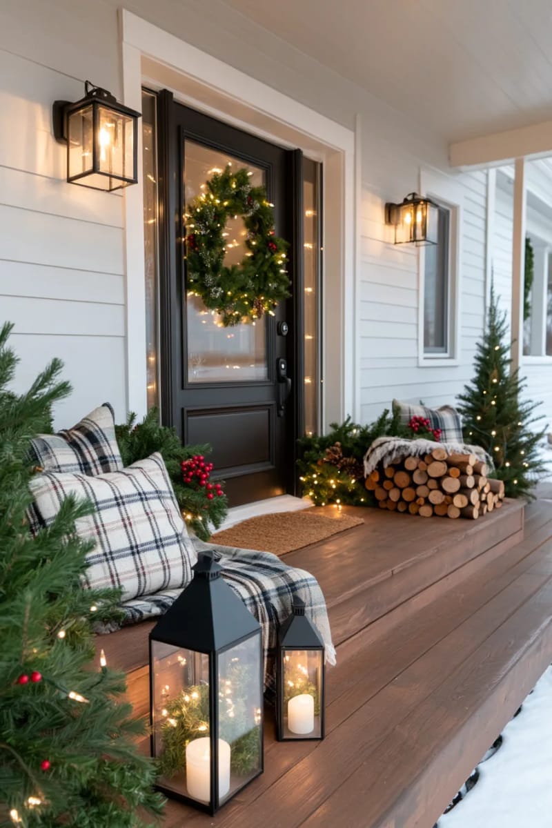 outdoor lantern display filled with pinecones and small evergreen branches 1