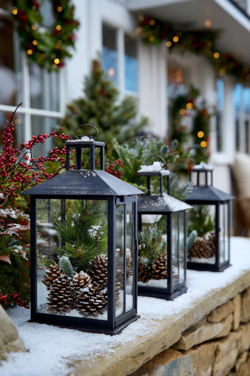outdoor lantern display filled with pinecones and small evergreen branches 1