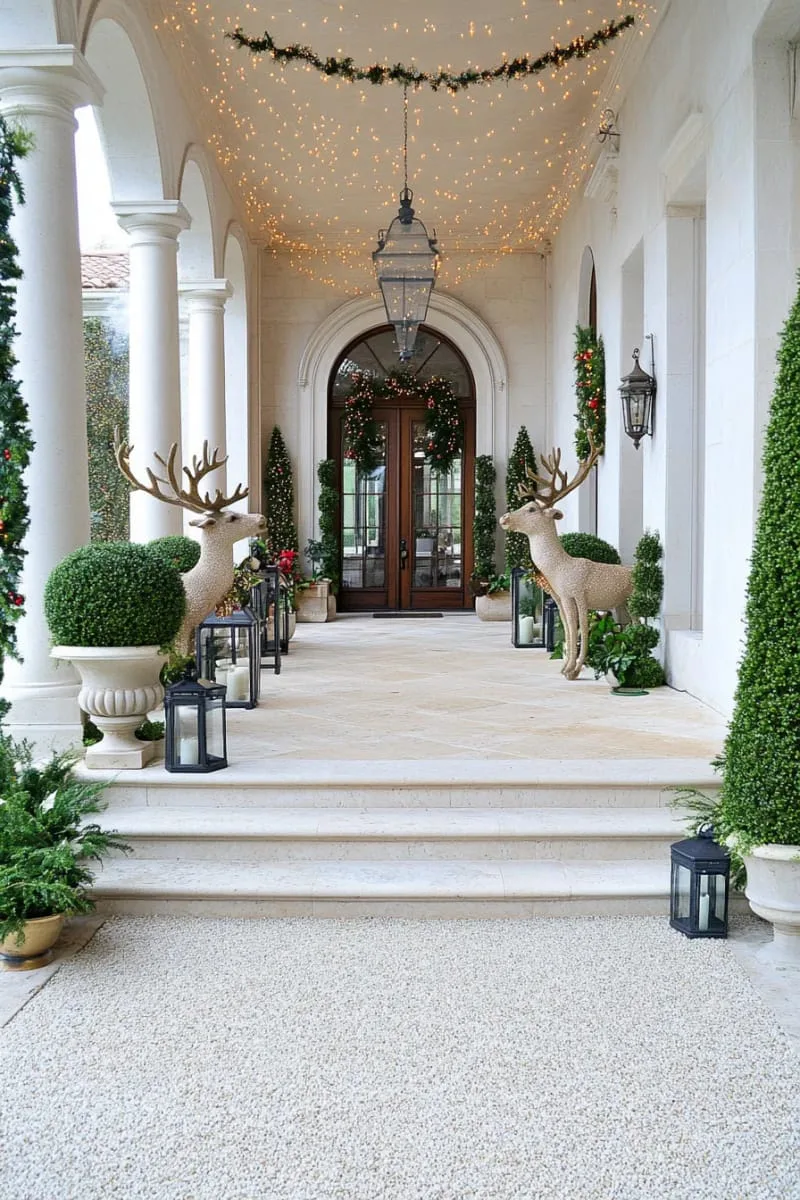 outdoor mansion entrance with topiary reindeer and twinkling fairy light canopies 1 outdoor mansion entrance with topiary reindeer and twinkling fairy light canopies 1