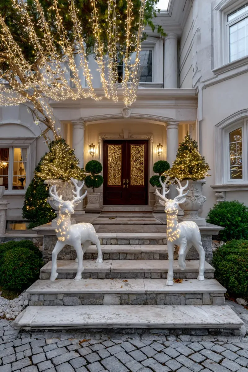 outdoor mansion entrance with topiary reindeer and twinkling fairy light canopies 1 outdoor mansion entrance with topiary reindeer and twinkling fairy light canopies 1