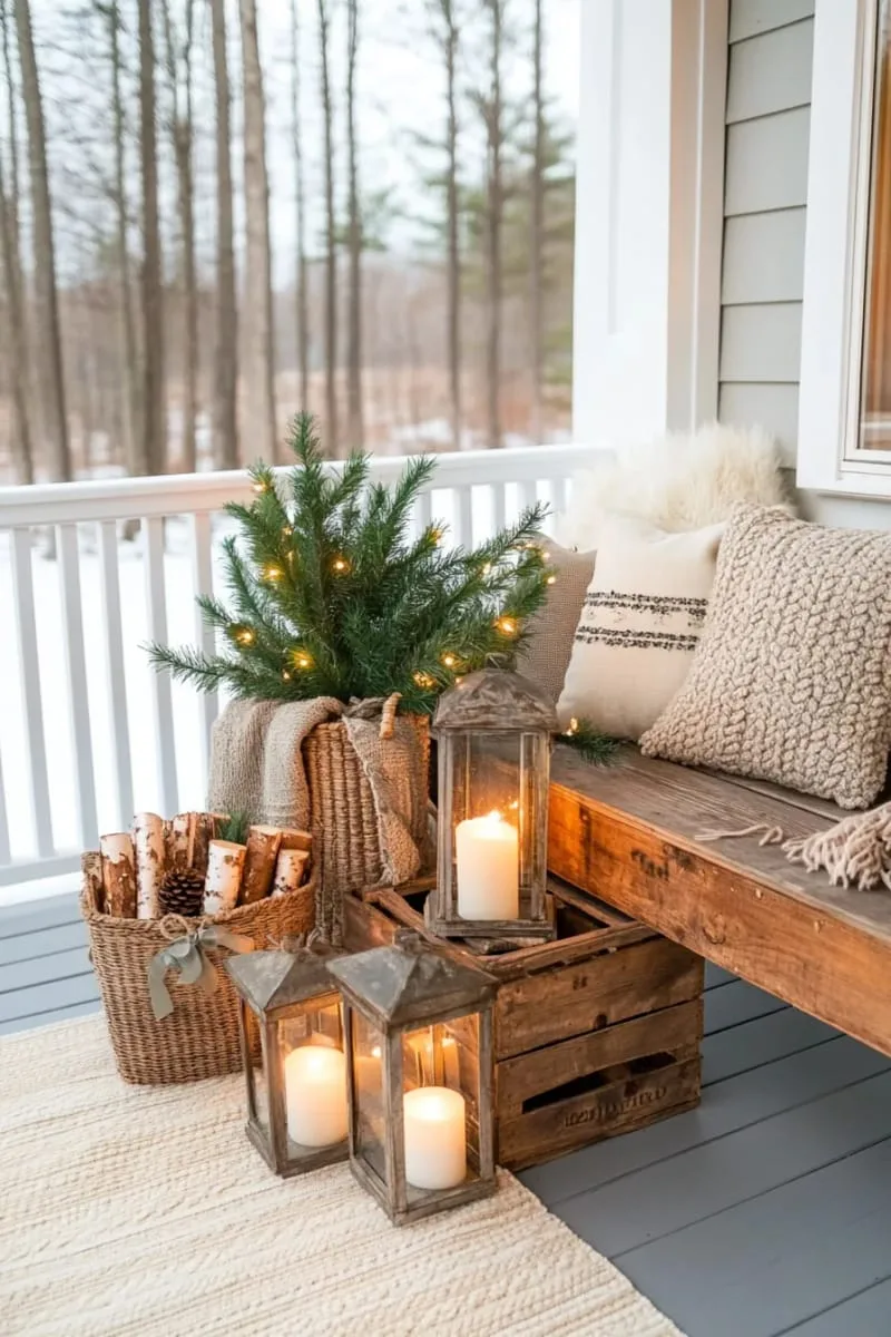 outdoor porch display with lanterns, birch logs, and evergreen branches 1