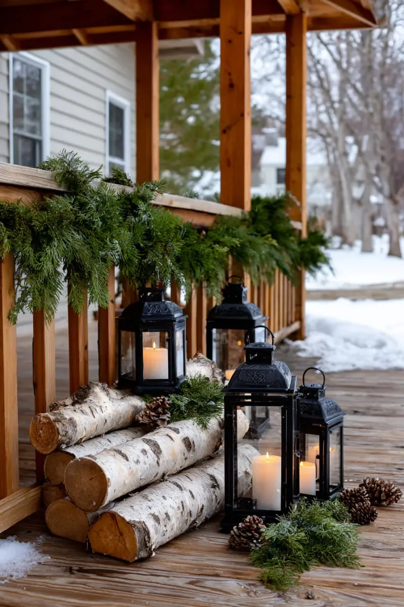 outdoor porch display with lanterns, birch logs, and evergreen branches 1