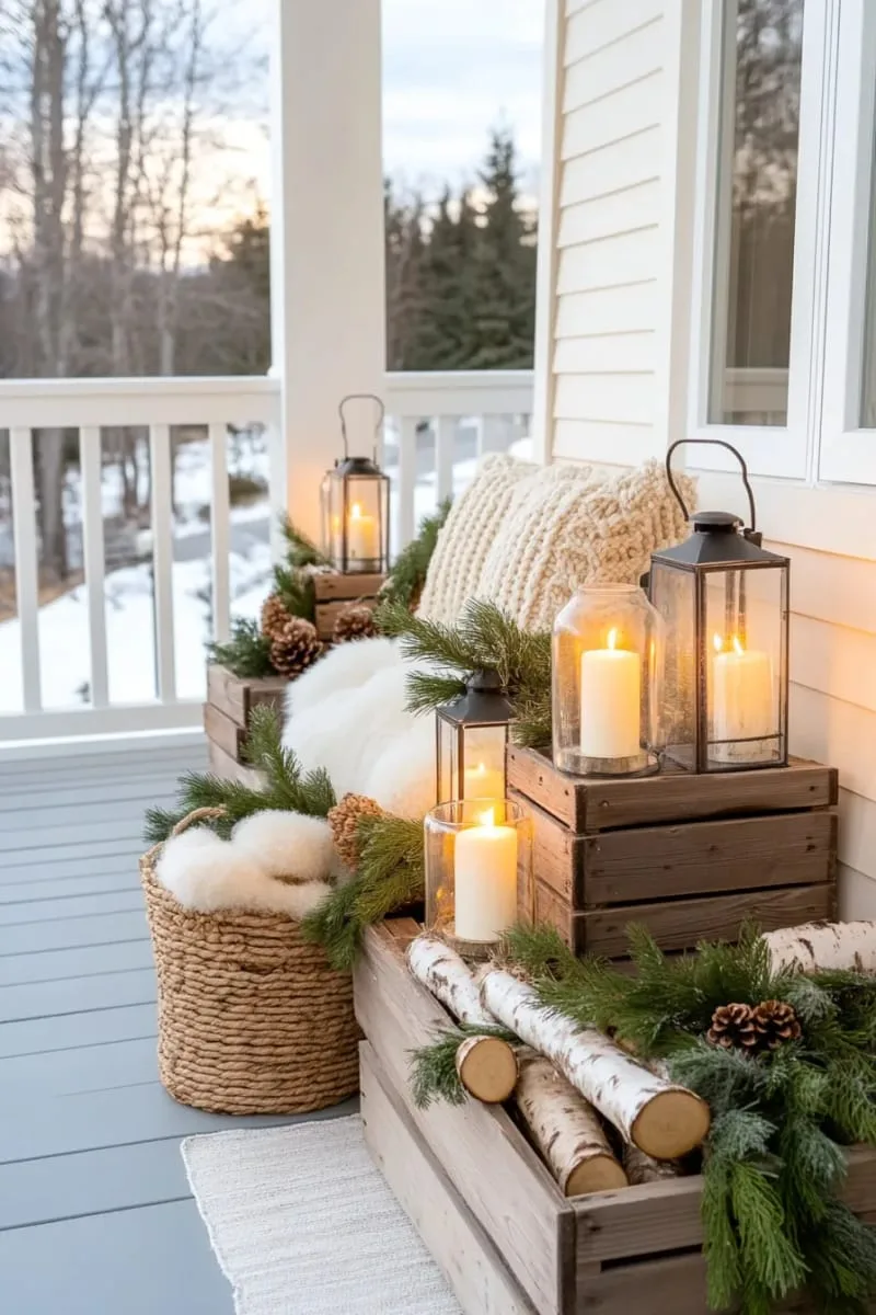 outdoor porch display with lanterns, birch logs, and evergreen branches 1