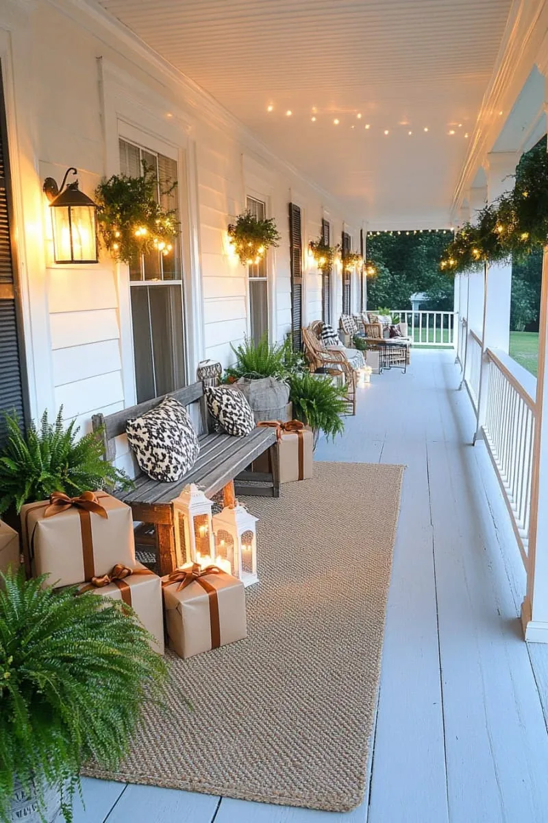 outdoor porch with lanterns, greenery, and oversized present boxes 1