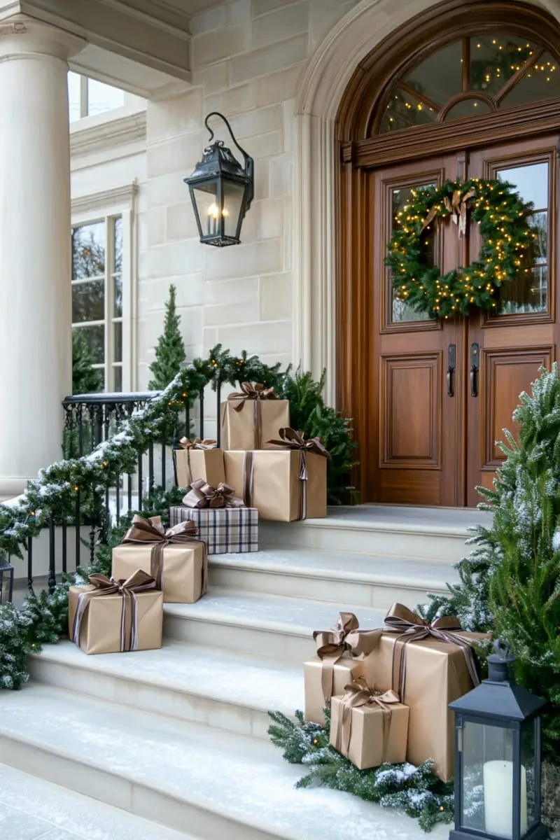 outdoor porch with lanterns, greenery, and oversized present boxes 1