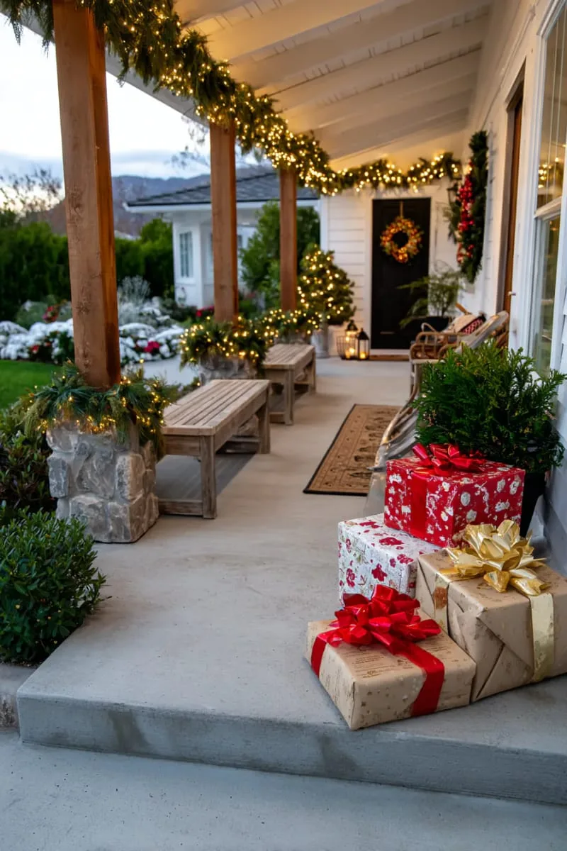 outdoor porch with lanterns, greenery, and oversized present boxes 1