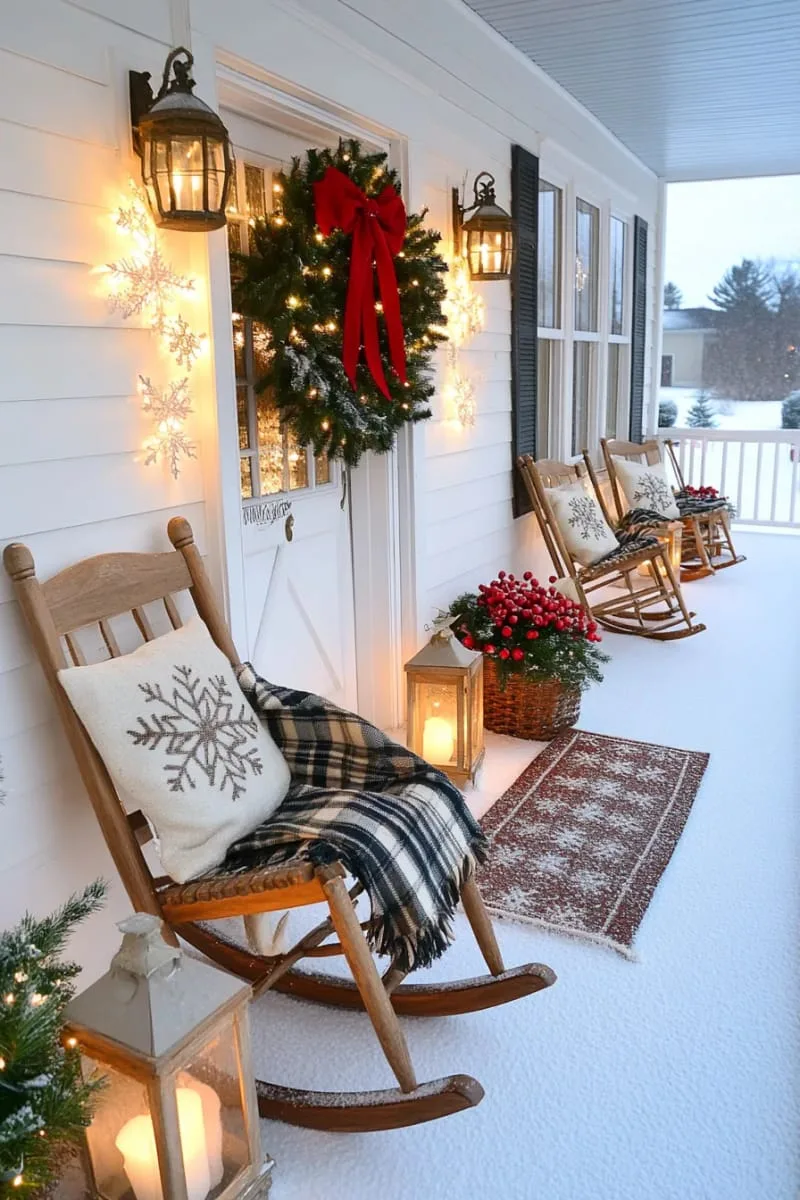 outdoor porch with oversized wooden snowflakes and cozy plaid blankets 1