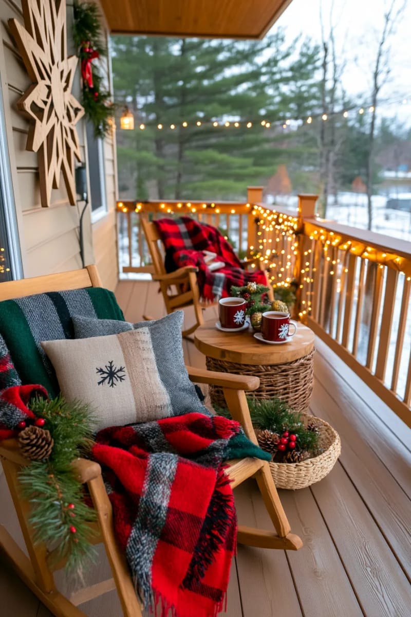 outdoor porch with oversized wooden snowflakes and cozy plaid blankets 1