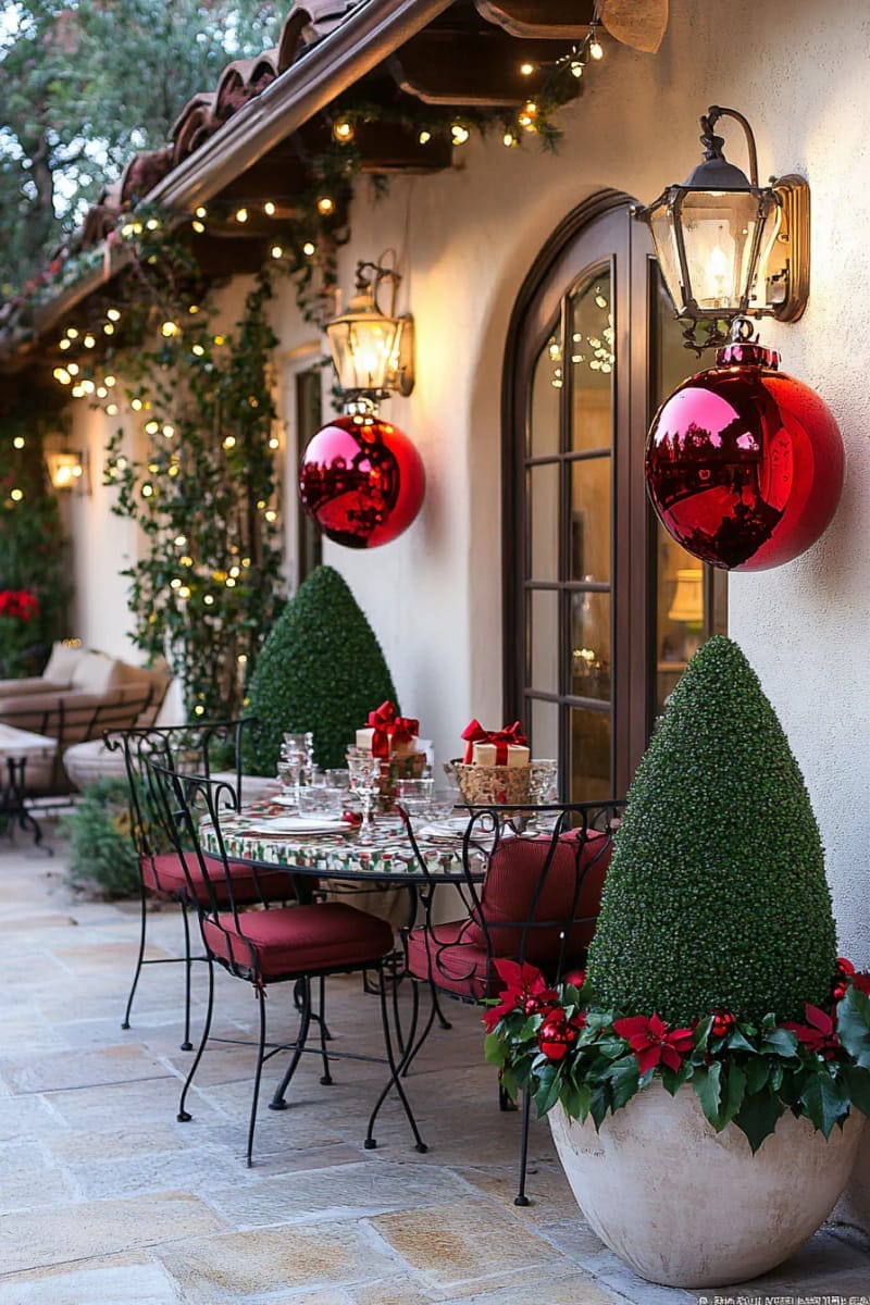 outdoor topiary trees topped with oversized red ornaments 1
