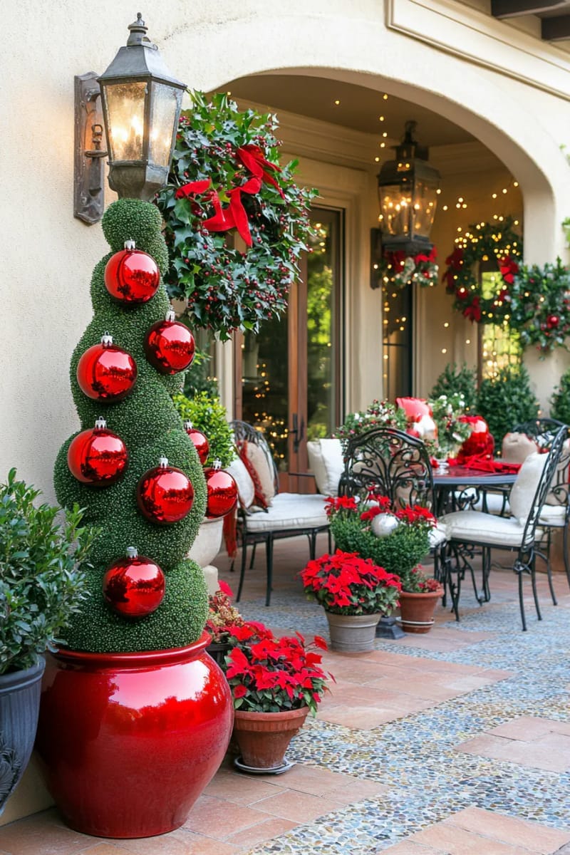 outdoor topiary trees topped with oversized red ornaments 1