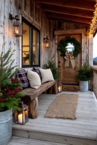 oversized burlap bow and pine wreath centered on the front door. 15