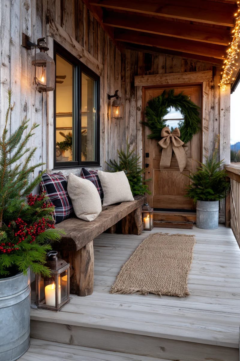 oversized burlap bow and pine wreath centered on the front door. 1