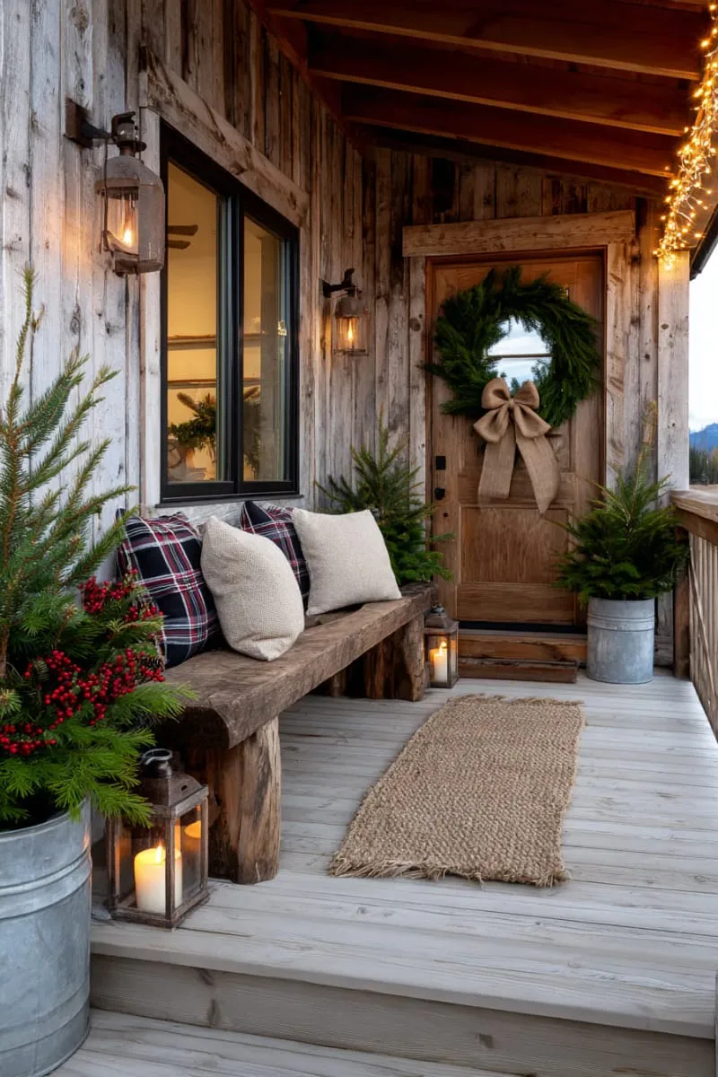 oversized burlap bow and pine wreath centered on the front door. 1
