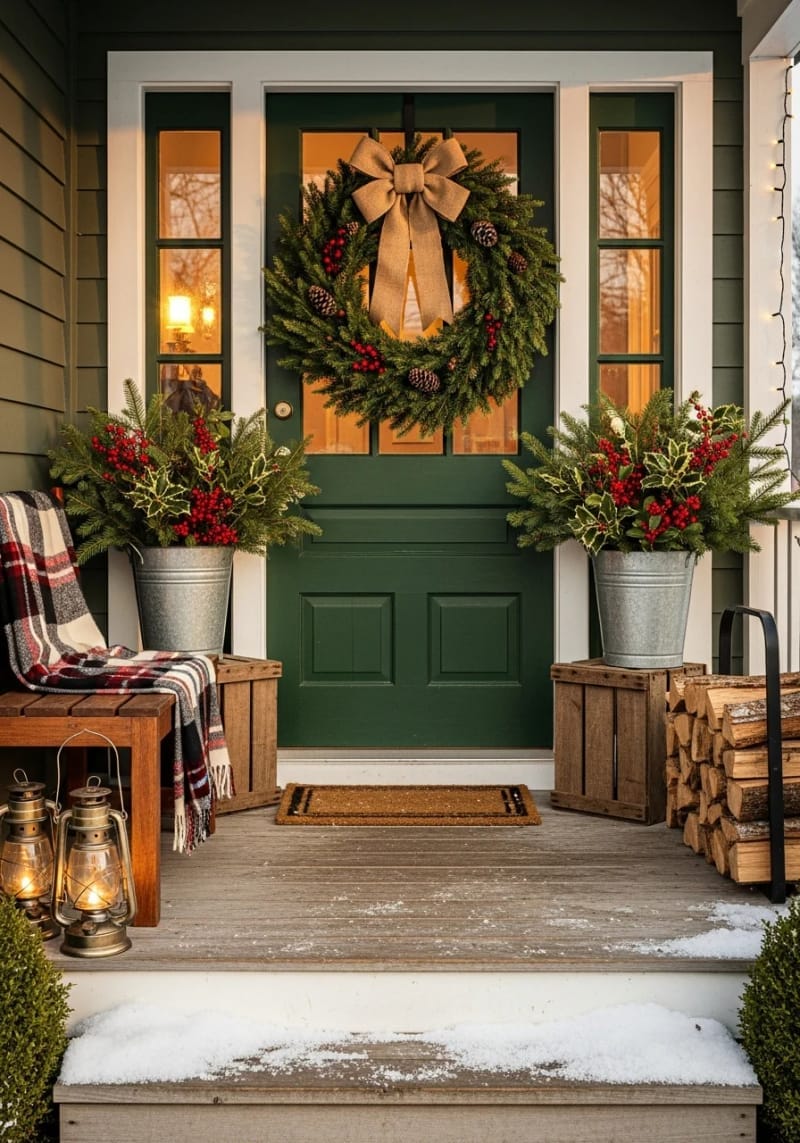 oversized burlap bow and pine wreath centered on the front door. 1