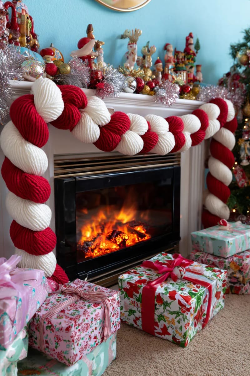 23 Kitsch Christmas Decor Ideas Full of Color, Whimsy, and Cheer 12 oversized candy cane garland draped above a fiery kitsch fireplace mantel 1
