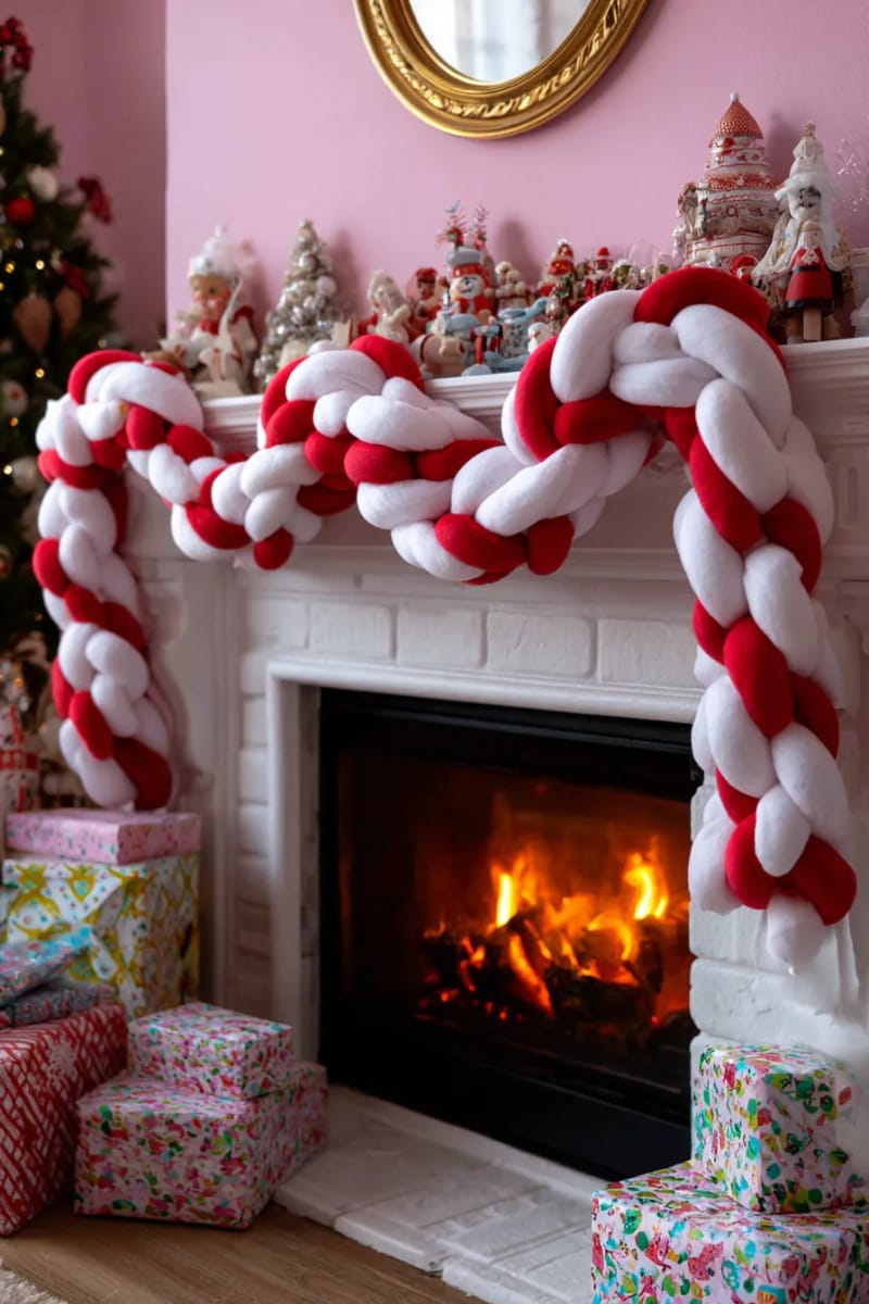 23 Kitsch Christmas Decor Ideas Full of Color, Whimsy, and Cheer 10 oversized candy cane garland draped above a fiery kitsch fireplace mantel 1