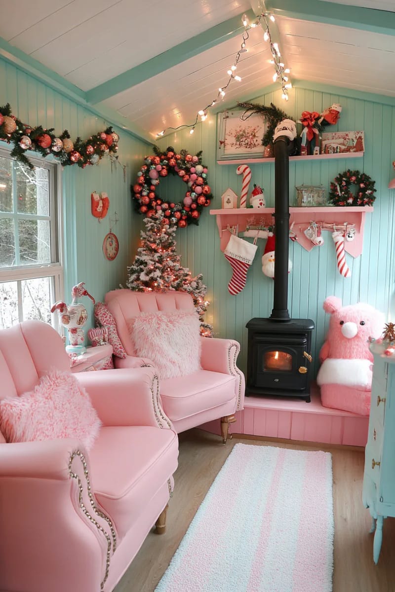 23 Kitsch Christmas Decor Ideas Full of Color, Whimsy, and Cheer 11 oversized candy cane garland draped above a fiery kitsch fireplace mantel 1