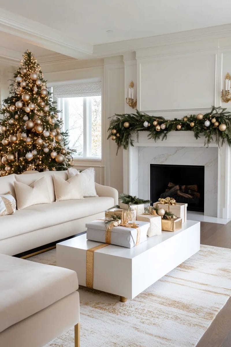 oversized gilded ornaments nestled among wrapped presents in neutral tones 1