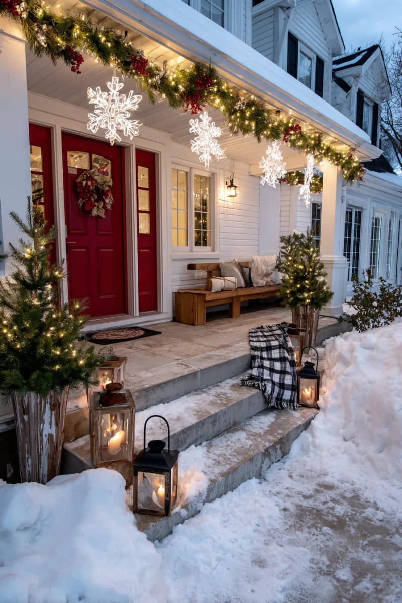 oversized glowing snowflake lights suspended above a red front door 1