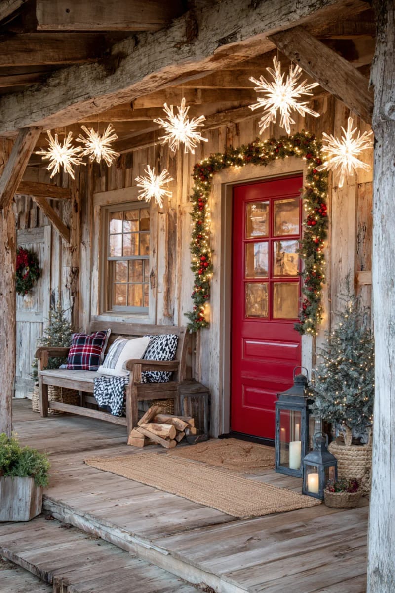 oversized glowing snowflake lights suspended above a red front door 1