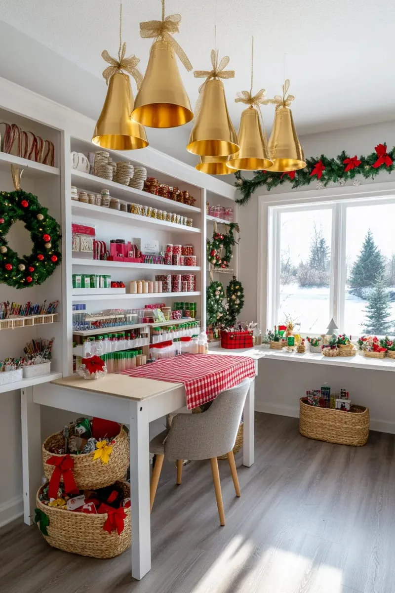 oversized golden paper bells suspended from the ceiling for a cheerful touch 1