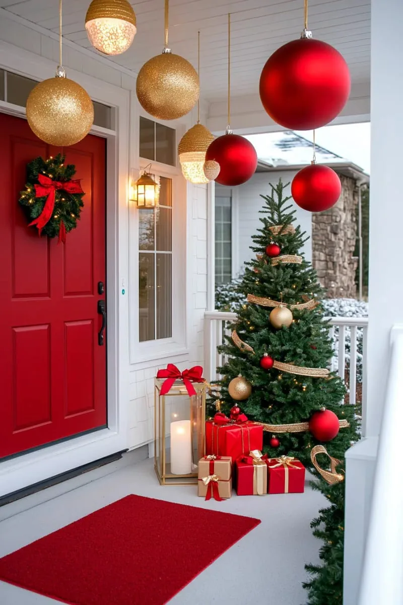 15 Dreamy Front Porch Christmas Trees to Try This Year 16 oversized hanging ornaments above porch with matching tree decorations below 1