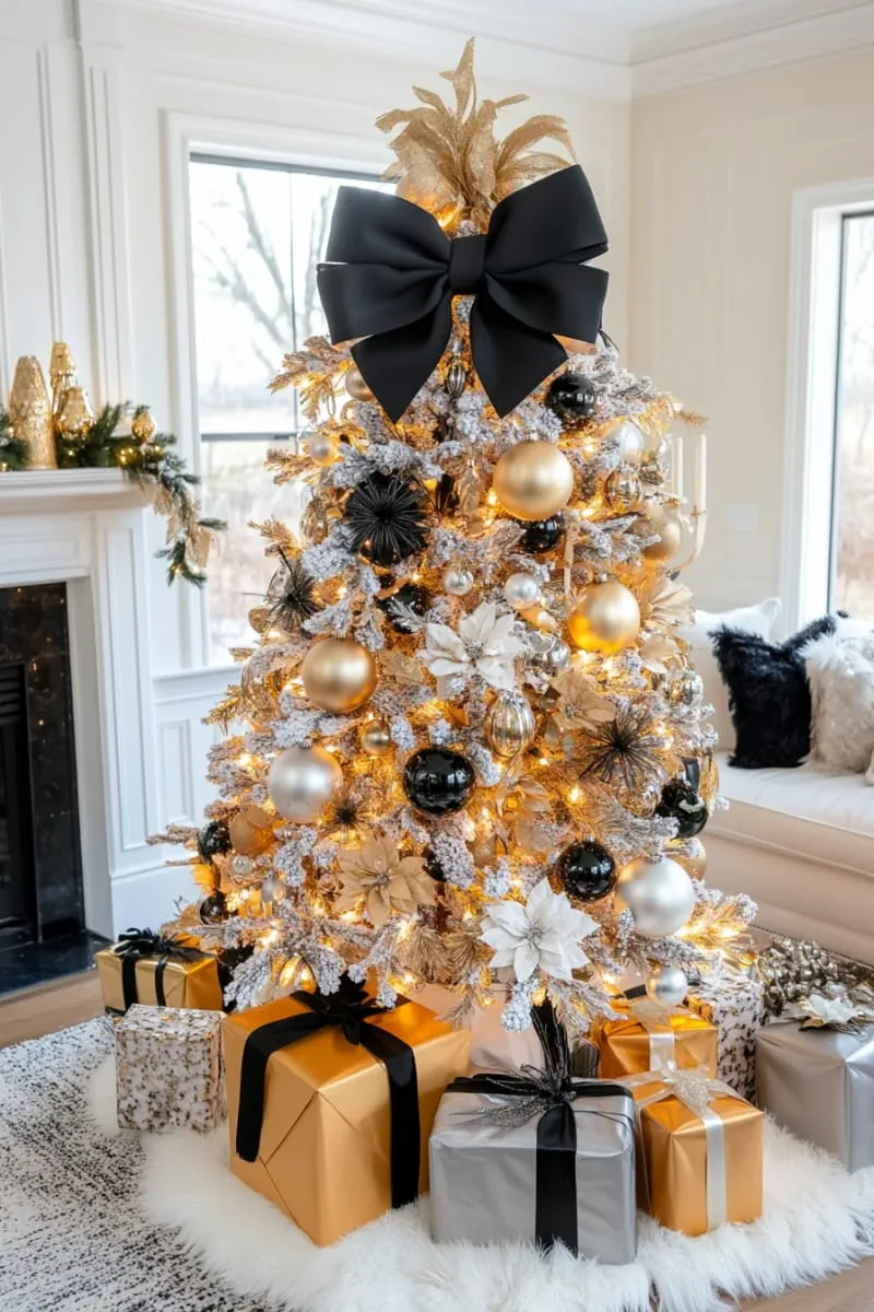 oversized matte black bow topper on a glamorous christmas tree 1