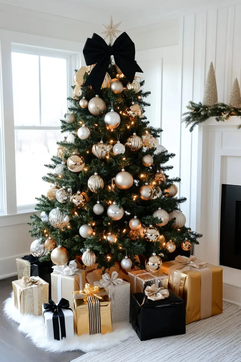 oversized matte black bow topper on a glamorous christmas tree 1