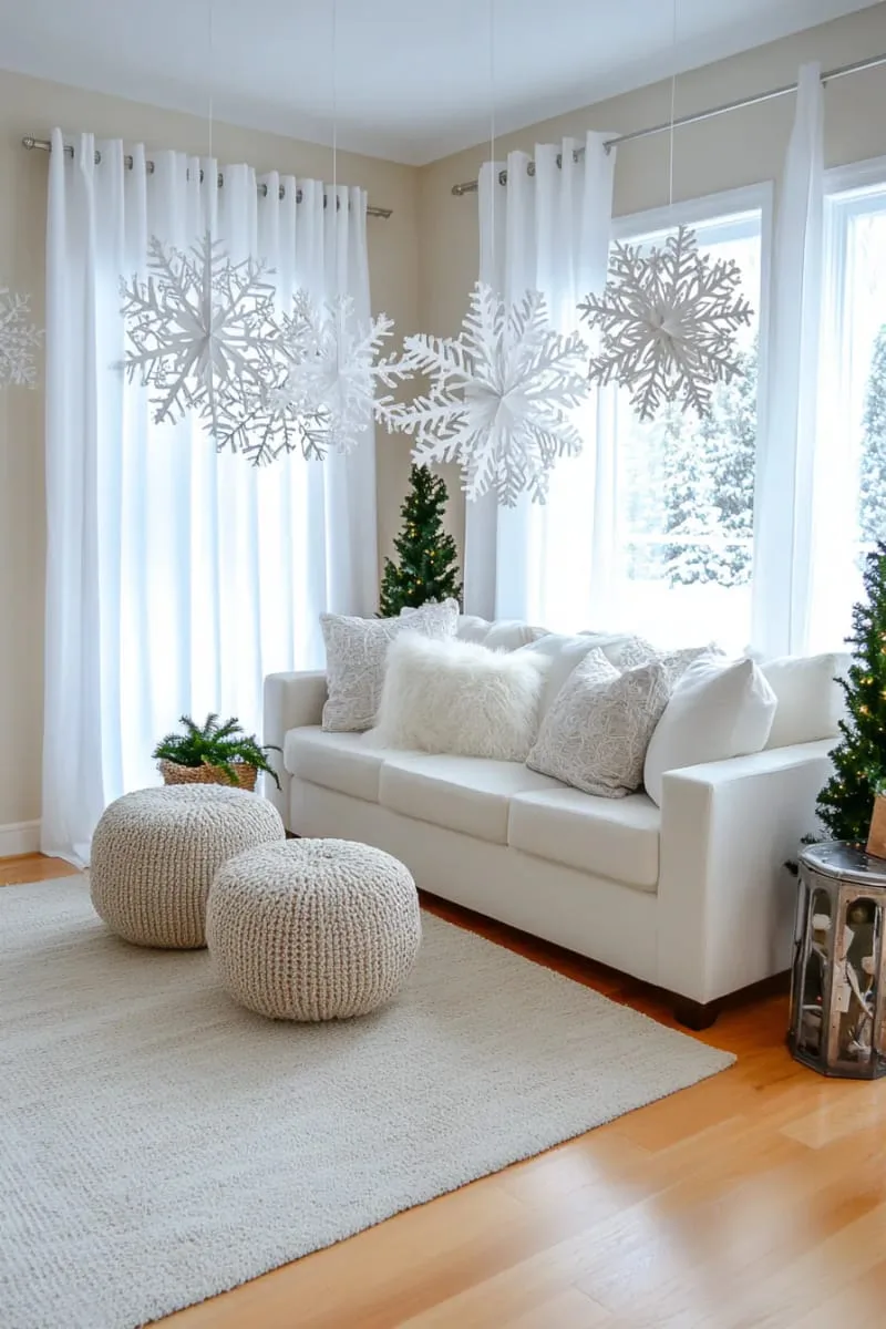 25 New Gorgeous White Christmas Decor Ideas That Wow 24 oversized paper snowflakes hanging in front of sheer curtains 1