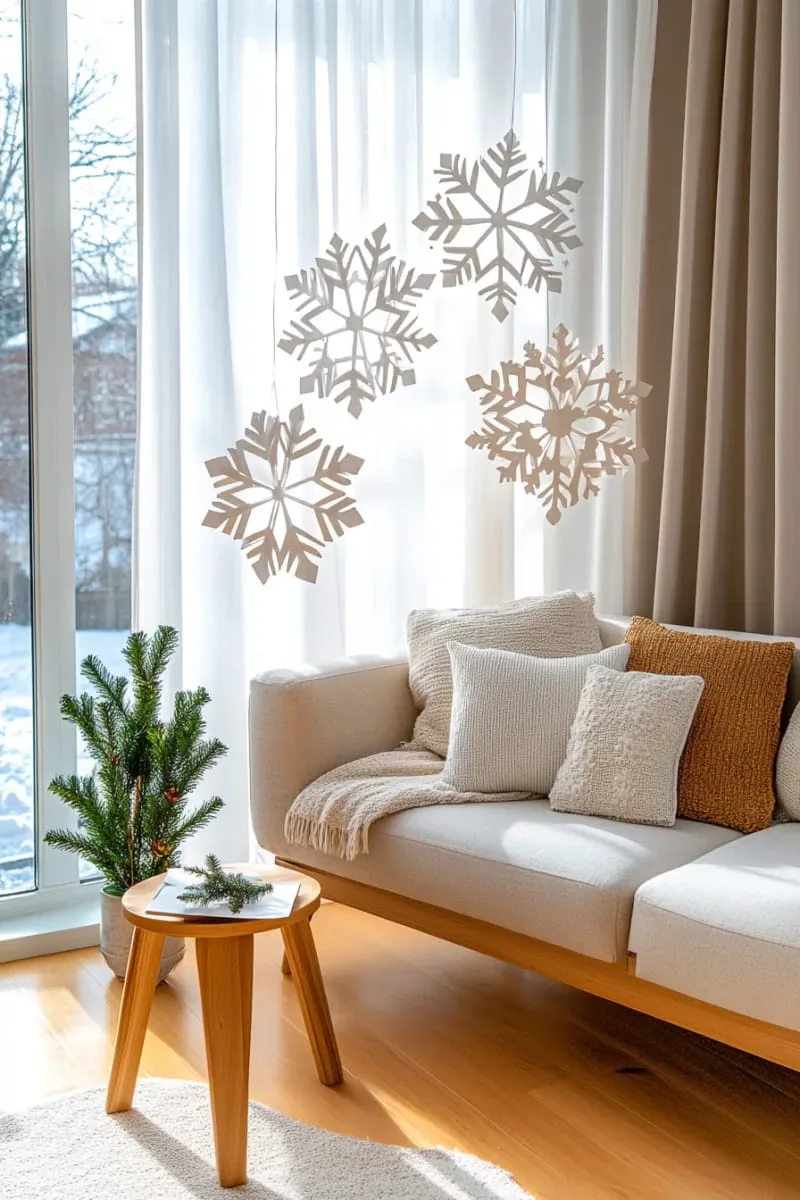 25 New Gorgeous White Christmas Decor Ideas That Wow 25 oversized paper snowflakes hanging in front of sheer curtains 1