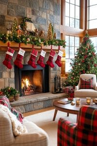 oversized plaid stockings hanging from a rustic stone mantle 12