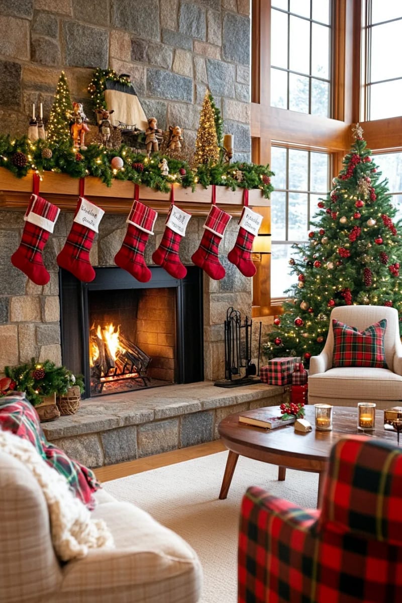 oversized plaid stockings hanging from a rustic stone mantle 1