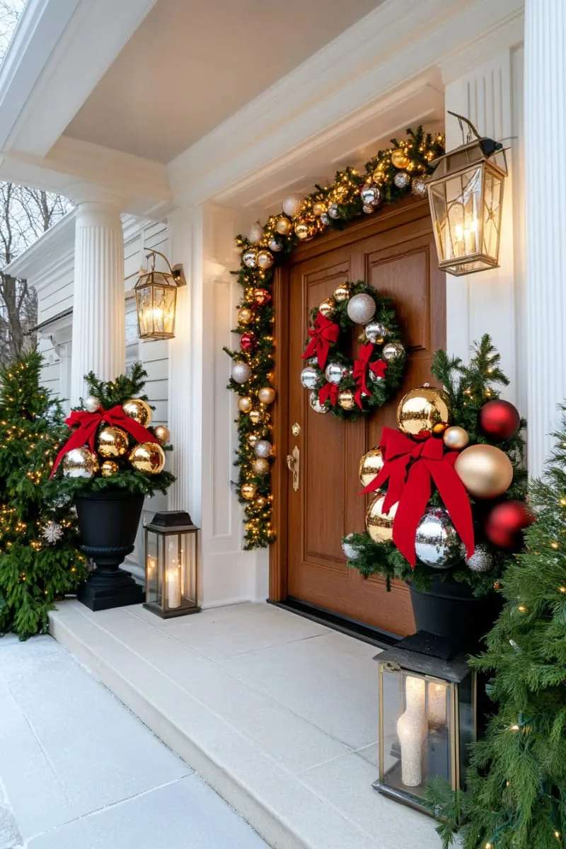 23 Exterior Christmas Decor Ideas Guests Will Remember All Season Long 7 oversized red, gold, and silver ornament clusters in black urn planters by entry 1