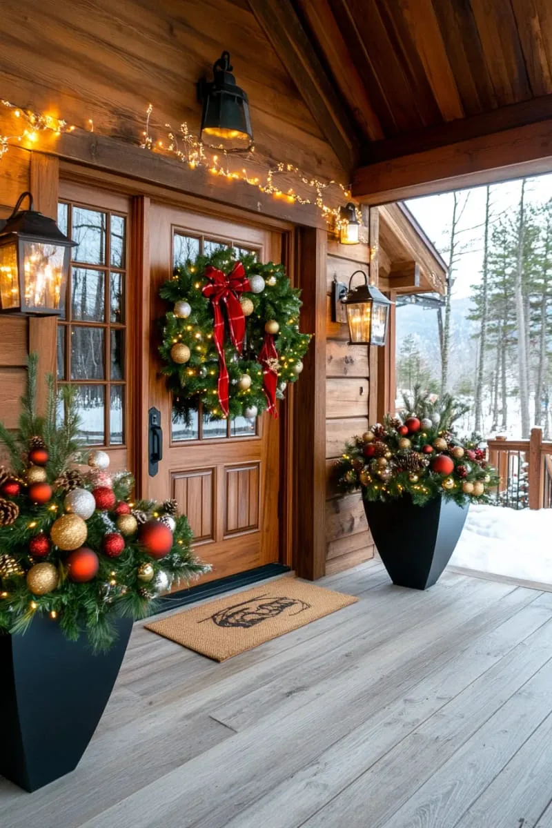 23 Exterior Christmas Decor Ideas Guests Will Remember All Season Long 8 oversized red, gold, and silver ornament clusters in black urn planters by entry 1