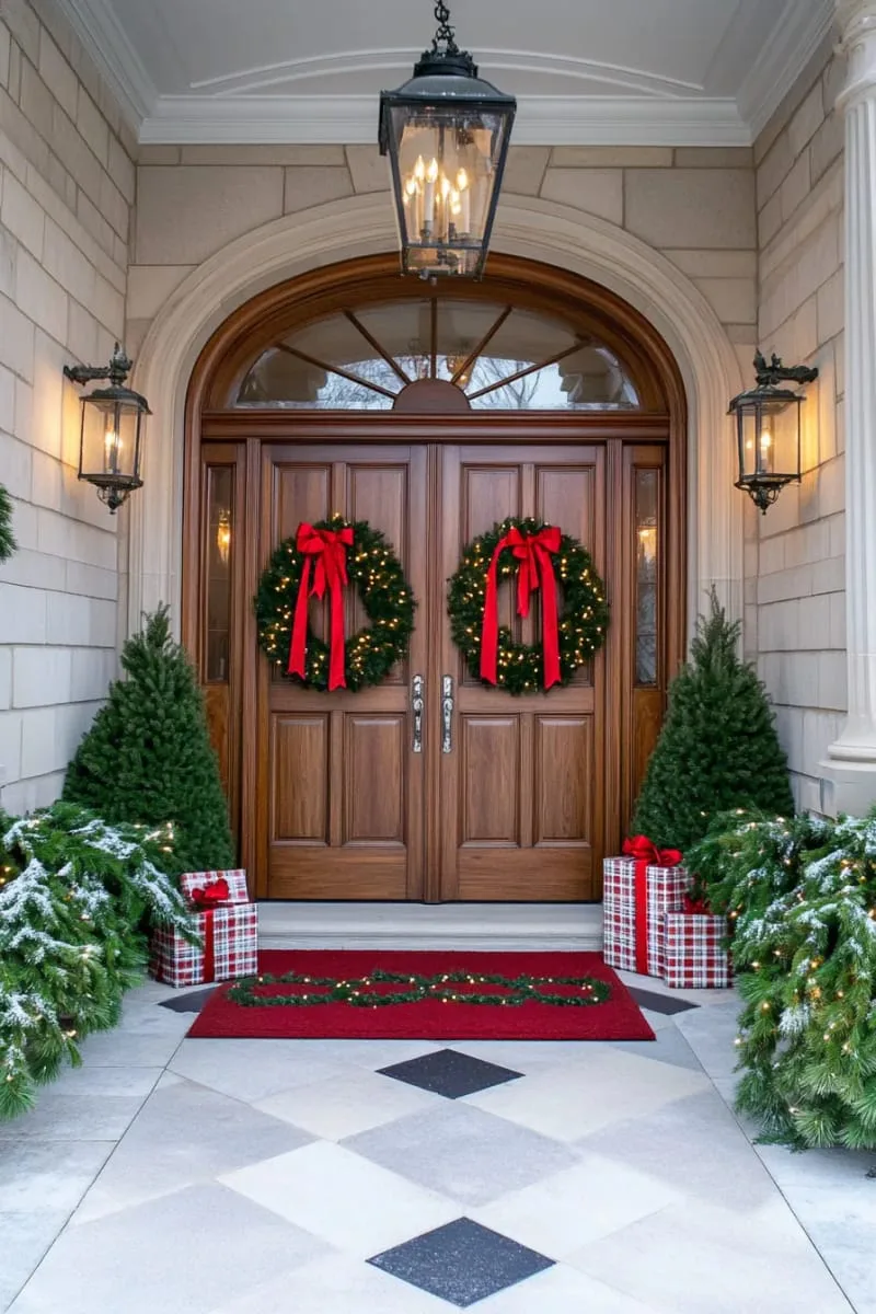 29 Best Christmas Decorations Trends You Can't Miss This Year 39 oversized red ribbon bows on classic evergreen wreaths 1