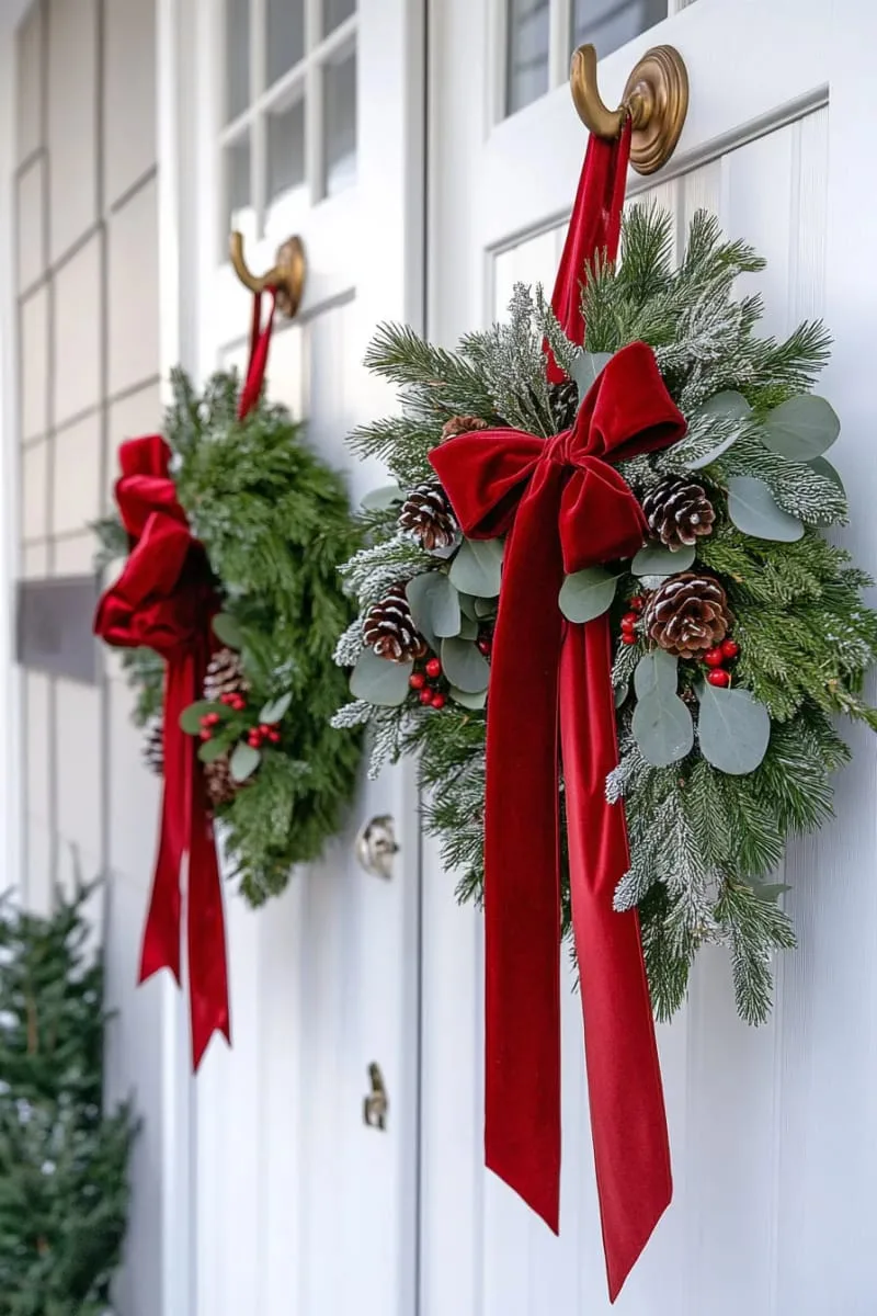 29 Best Christmas Decorations Trends You Can't Miss This Year 42 oversized red ribbon bows on classic evergreen wreaths 1
