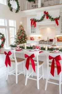oversized red ribbon bows tied around chair backs 50