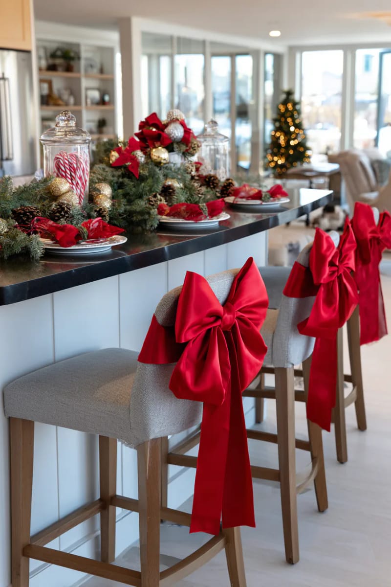 23 Christmas Kitchen Island Decor Ideas That Bring Instant Holiday Charm 53 oversized red ribbon bows tied around chair backs and island stools 1
