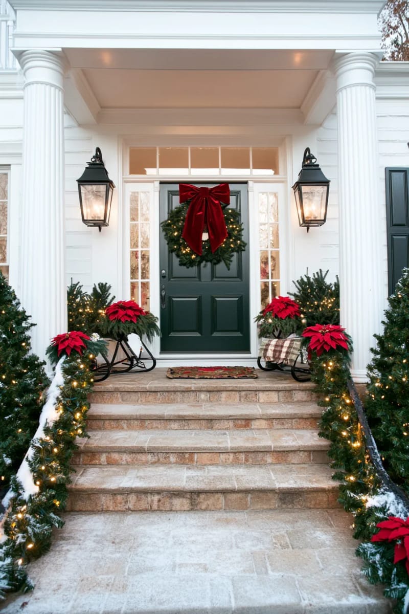 27 Beautiful Christmas Front Door Decor Ideas to Inspire 3 oversized red velvet bow and lanterns flanking the front door steps 1