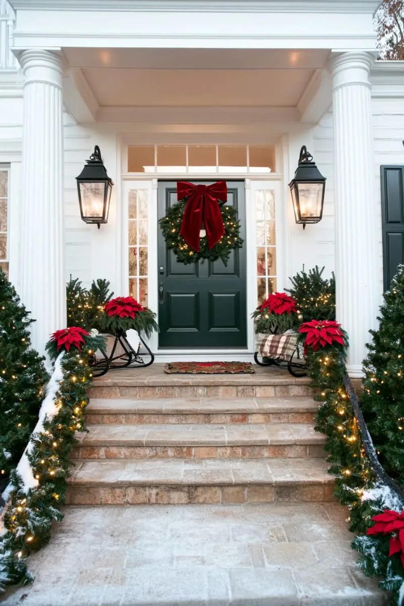 oversized red velvet bow and lanterns flanking the front door steps 1