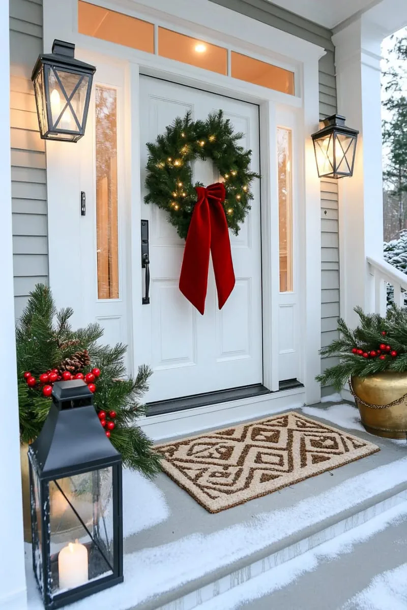 oversized red velvet bow and lanterns flanking the front door steps 1
