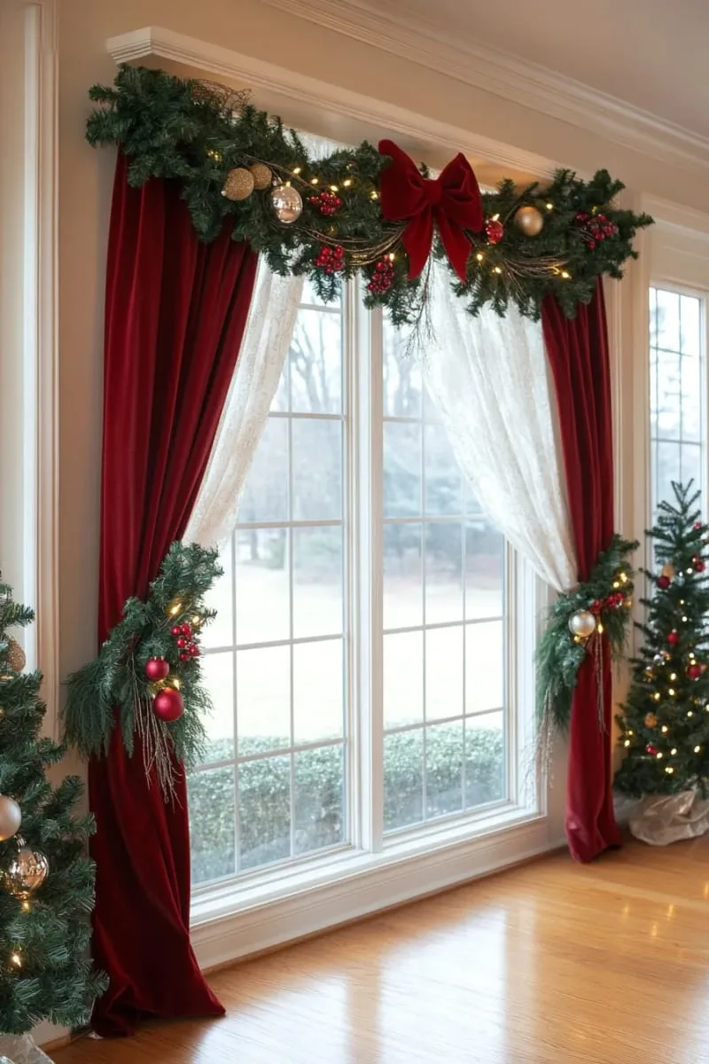 25 Best Christmas Window Decor Ideas to Try This Year 7 oversized red velvet bow with cascading green garland around the window frame. 1