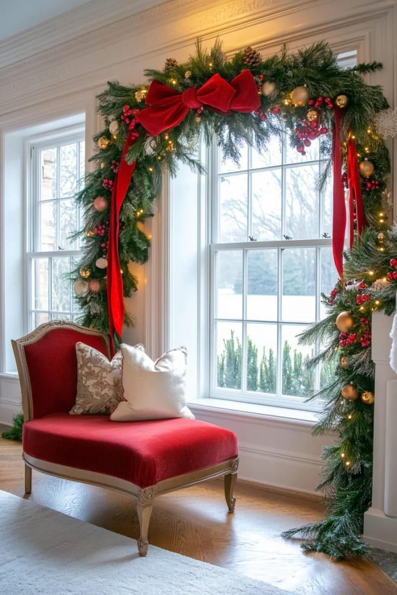 25 Best Christmas Window Decor Ideas to Try This Year 7 oversized red velvet bow with cascading green garland around the window frame. 1