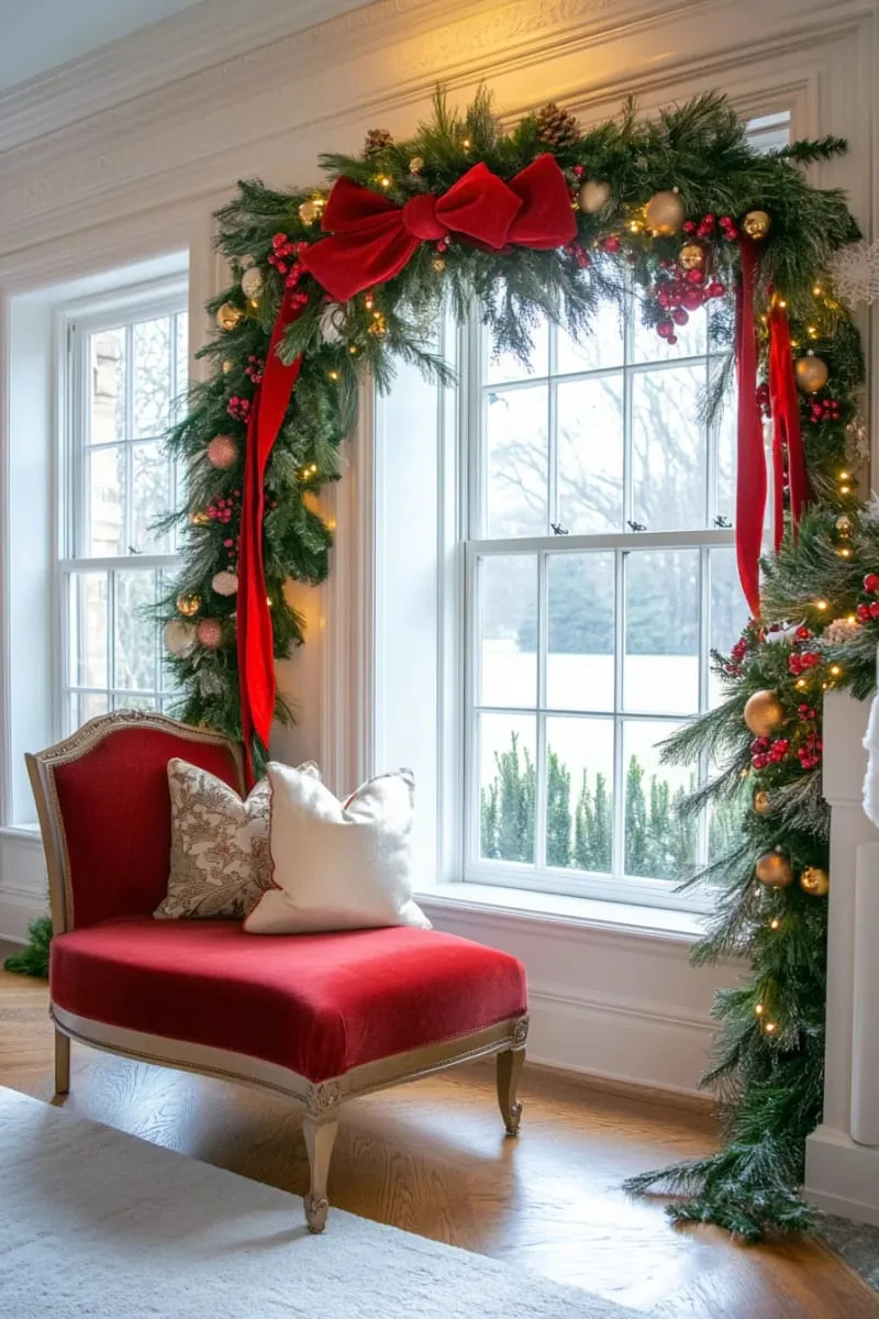 25 Best Christmas Window Decor Ideas to Try This Year 8 oversized red velvet bow with cascading green garland around the window frame. 1