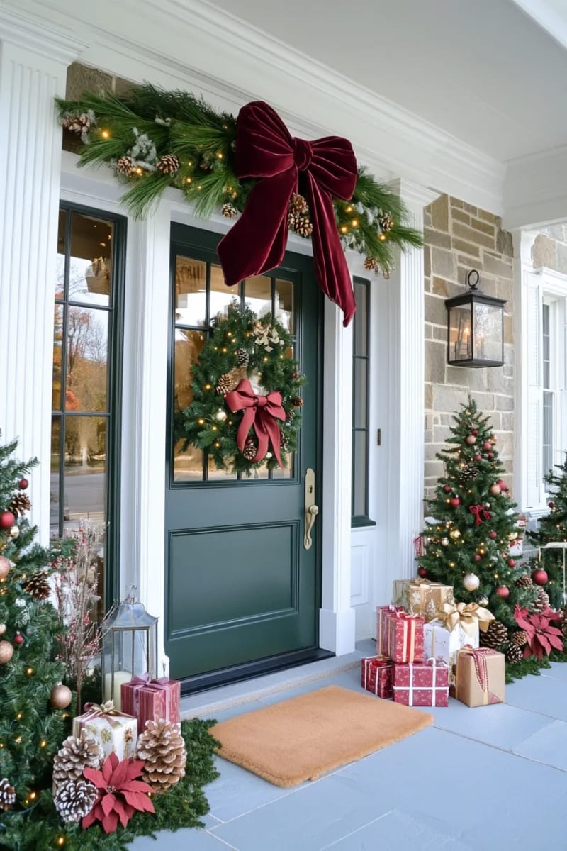 29 Festive Christmas Door Decor Ideas for a Magical Entry 3 oversized red velvet bow with classic pine garland and pinecones around the door 1