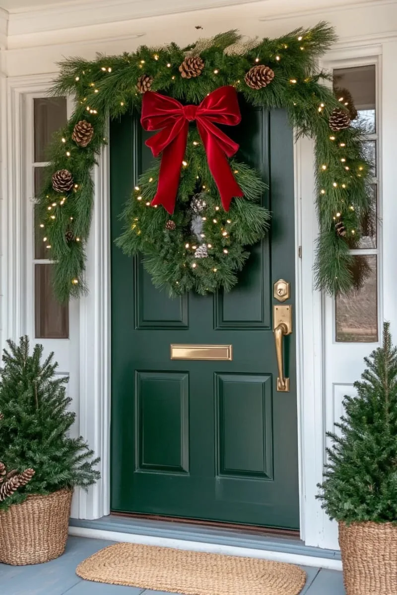 oversized red velvet bow with classic pine garland and pinecones around the door 1
