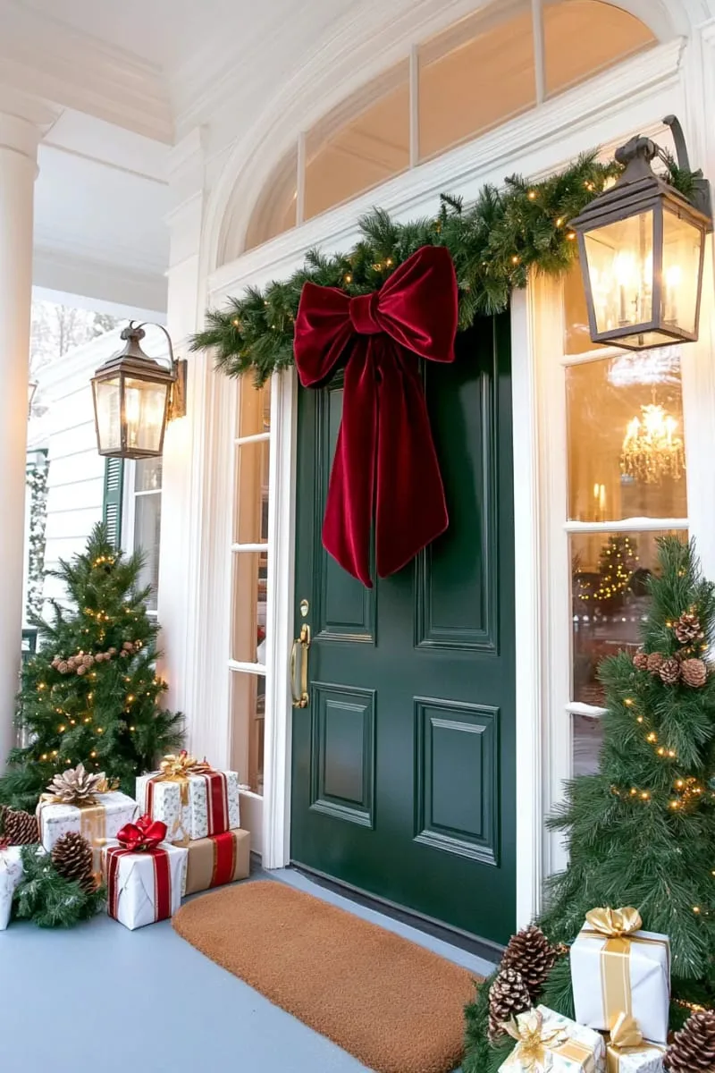 oversized red velvet bow with classic pine garland and pinecones around the door 1